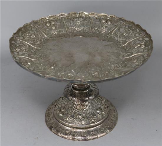 A Victorian embossed silver tazza by Frederick Elkington, London 1867, 14.5 oz.